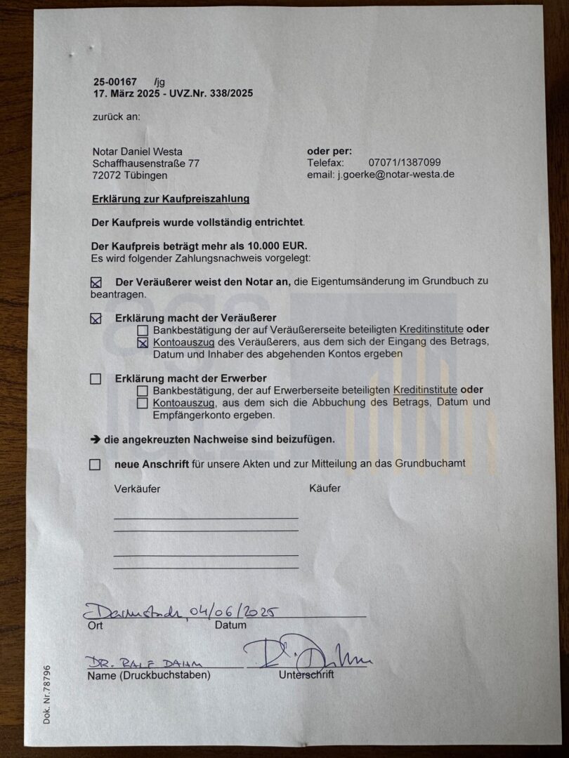 Erklärung zur Kaufpreiszahlung Dahm
