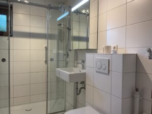 Tageslichtbad mit bodentiefer Dusche und Waschmaschinenanschluss
