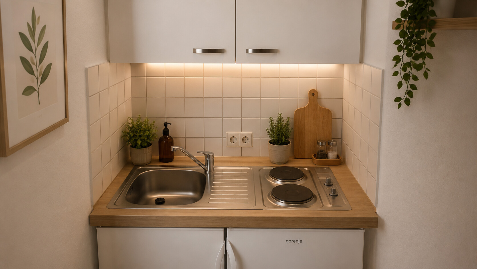 Minimalistische Küche mit warmem Licht