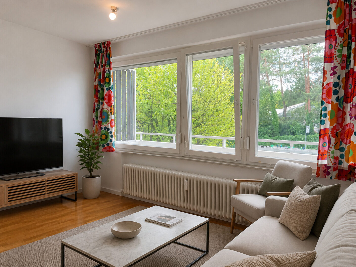 Wohnzimmer mit Fensterfront zum Balkon (virtuell aufbereitete Darstellung)
