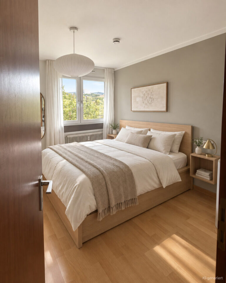 Skandinavisches Schlafzimmer im Morgenlicht